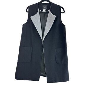Helene London Cashmere Wool Blend Open Front Patch-Pocket Vest Black Gray SZ L